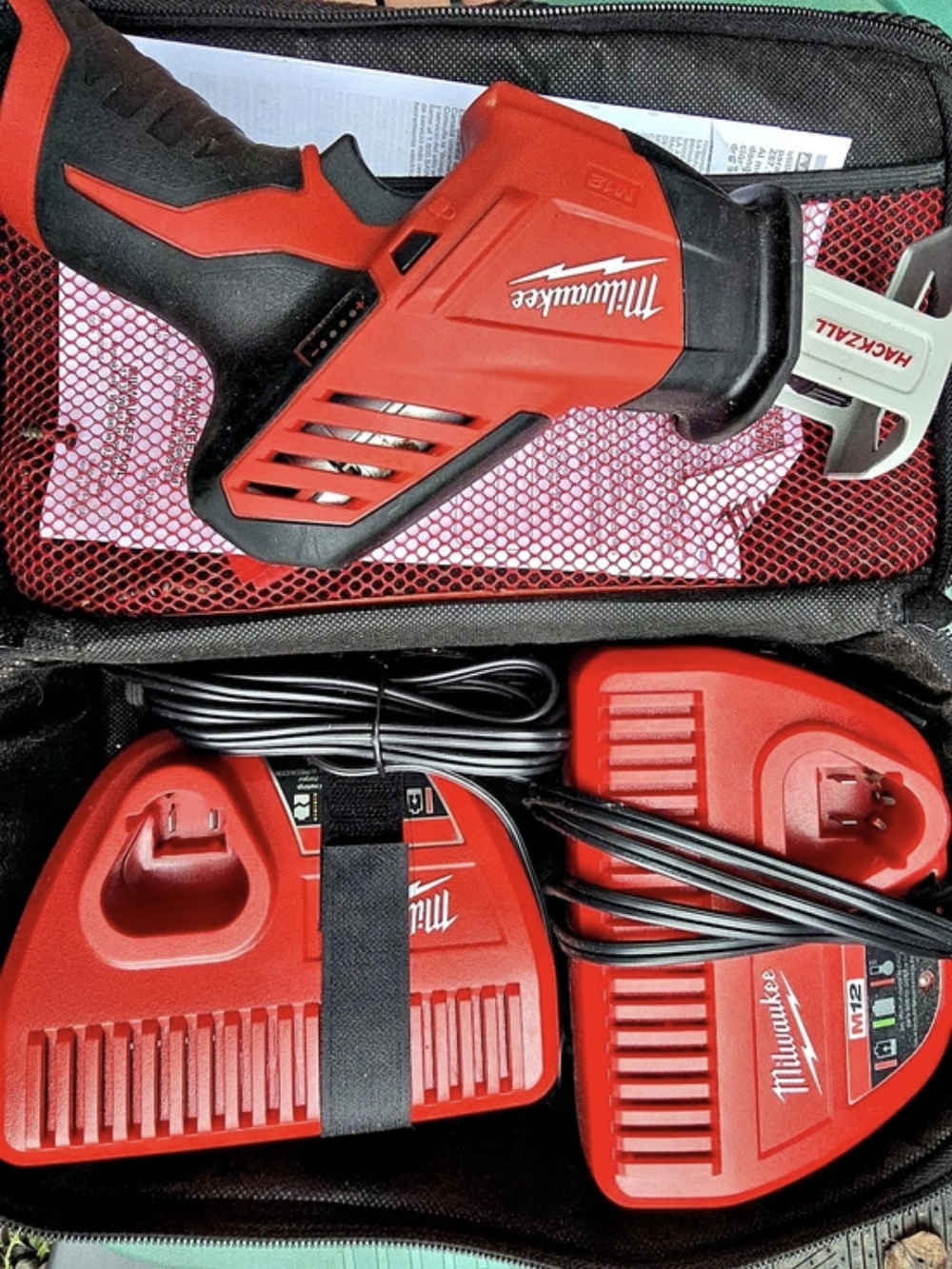Milwaukee M12 Hackzall Kit with Dual Chargers and Carrying Case Red & Black